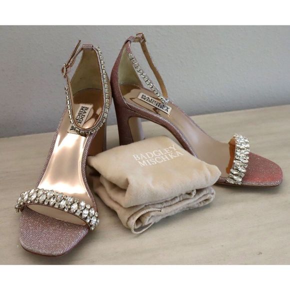 Badgley Mischka Sz 8 Rose Pink Harriet Embellished Open Toe Block Heels $235 - Picture 1 of 7